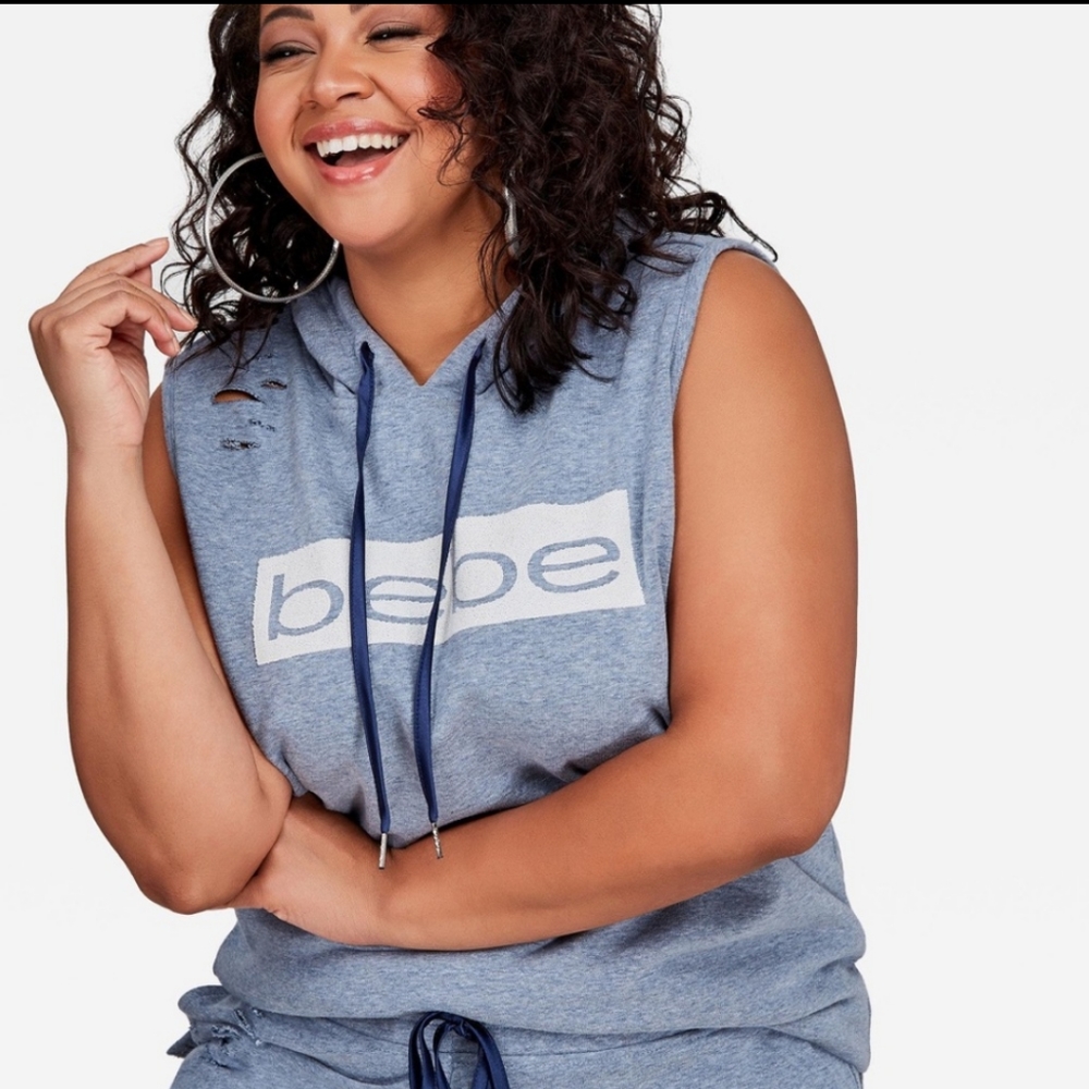 Bebe blue distressed sleeveless hoodie